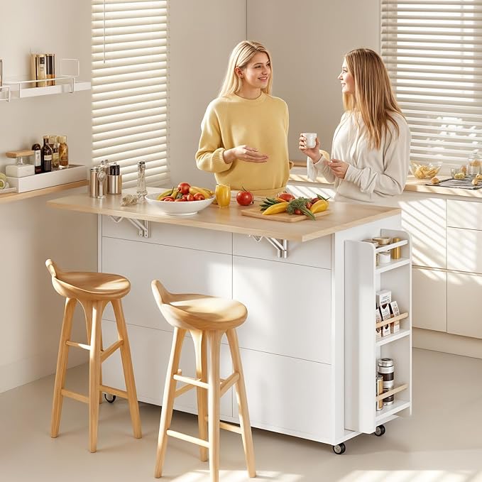 Kitchen Island with Storage & Drop Leaf- Rolling Island Cart with Wheels, Rubberwood Top, Trash Bin Cabinet & Towel Rack, White Farmhouse Style Island Table for Kitchen