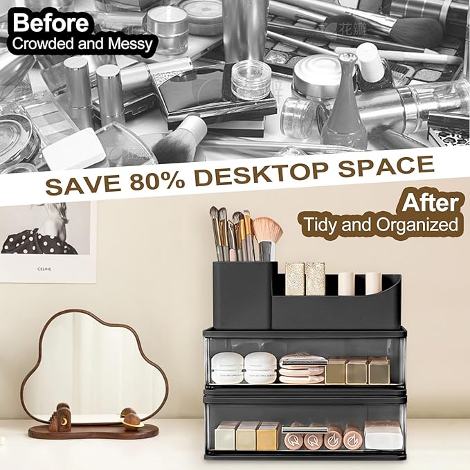 DASITON Makeup Organizer for Vanity with 2 Drawers, Stackable Cosmetic Organizer with Makeup Brush Holder, Plastic Bathroom Organizer Skincare Storage for Brushes, Eyeshadow, Lotions, Lipstick (Black)