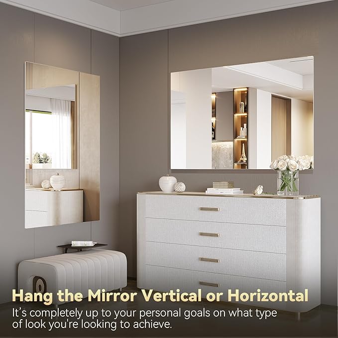 Brightify Frameless Mirror, 24x48 Inch Bathroom Mirrors for Over Sink, Large Tempered Glass Square Wall Mirror, Frameless Vanity Mirror for Gym, Yoga, Living Room, Bedroom, Entryway