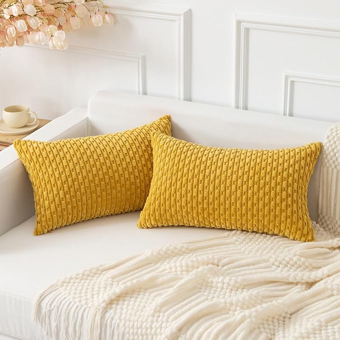 Kevin Textile Throw Pillow Covers Soft Corduroy Decorative Set of 2 Boho Striped Pillow Covers Pillowcases Farmhouse Home Decor for Couch Bed Sofa Living Room 12x20 Inch Mustard Yellow