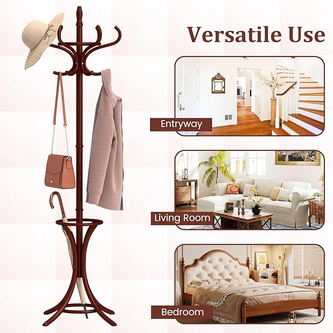 Tangkula Coat Rack with Umbrella Holder, 73 Inch Freestanding Coat Hanger Stand with 12 Hooks, Wooden Entryway Coat Tree for Clothes, Bags, Hats, Scarves, Living Room, Bedroom, Hallway (Reddish Brown)