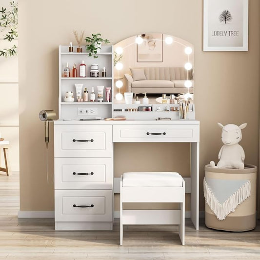 Vabches Makeup Vanity Desk with Lights and Charging Station, White Vanity Set Makeup Table with 4 Drawers Lots Storage, 3 Lighting Colors, Large Size 39.4in(W)