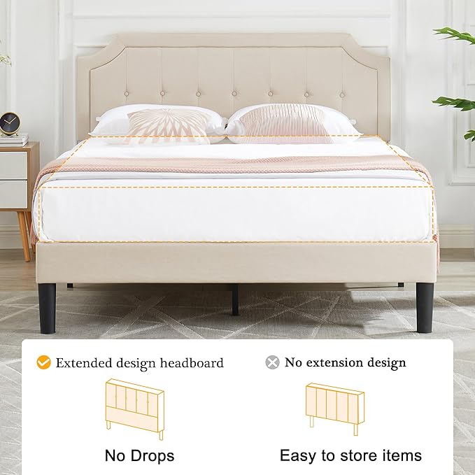 VECELO Full Size Platform Bed Frame with Fabric Upholstered Headboard and Wooden Slats Support, No Box Spring Needed/Easy Assembly,Beige