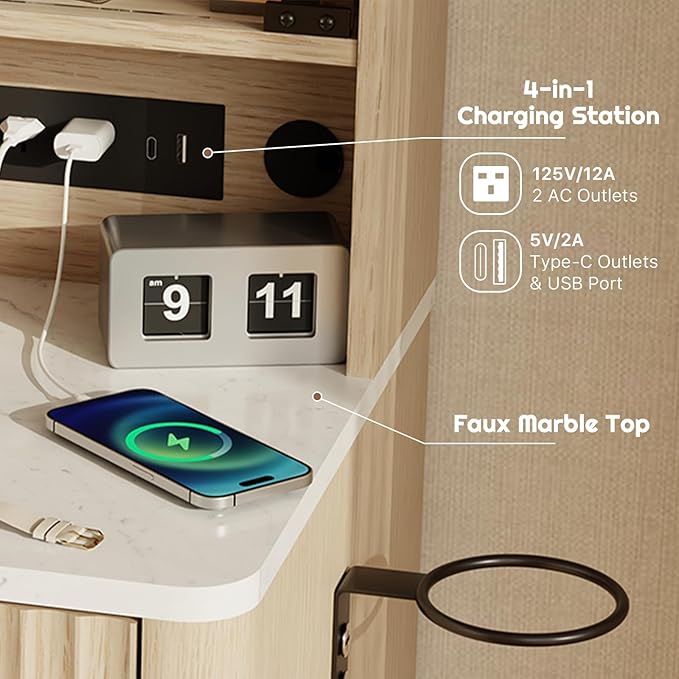 48" Fluted Makeup Vanity Desk with 36" Mirror and 3 Modes Lights, Glass Top Dressing Table with Jewelry Organizer Cabinet, Storage Cabinet, 3 Drawers, Charging Station for Bedroom, Oak