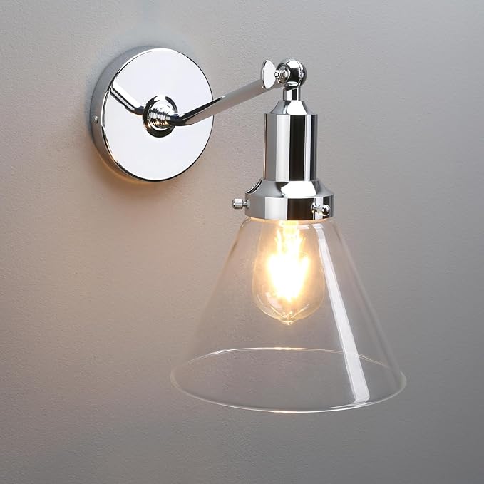 PERMO Industrial Vintage Slope Pole Wall Mount Single Sconce with Funnel Flared Clear Glass Shade Wall Sconce Light Lamp Fixtures (Chrome)