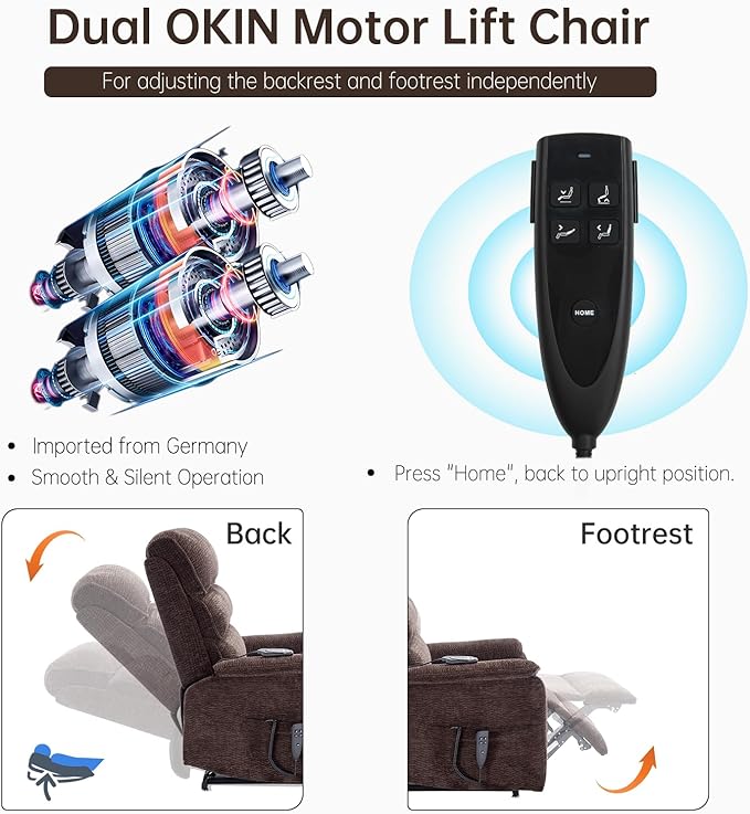 Lay Flat Lift Chair with Heat and Massage, Dual Motor Recliner, Infinite Position, Up to 350 LBS, Dark Brown, Chenille Fabric