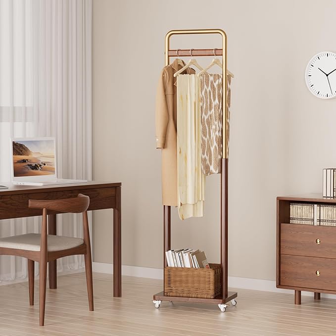 Clothes Rack Solid Wood Coat Rack, Metal and Solid Wood Combination Clothing Rack with Wheels for Entryway, Bedroom, Living Room, Coat Racks Freestanding for Hanging Clothes Garment Scarf
