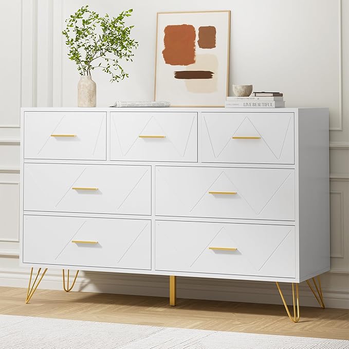 White Dresser for Bedroom, 7 Drawer Dresser with Golden Handles, Wood Modern Chest for Hallway, Entryway