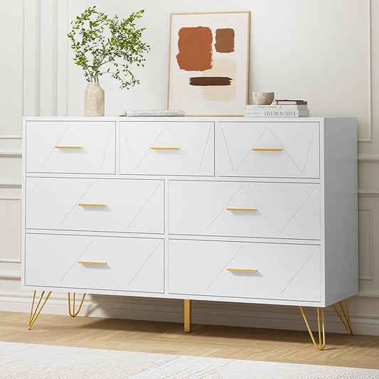 White Dresser for Bedroom, 7 Drawer Dresser with Golden Handles, Wood Modern Chest for Hallway, Entryway