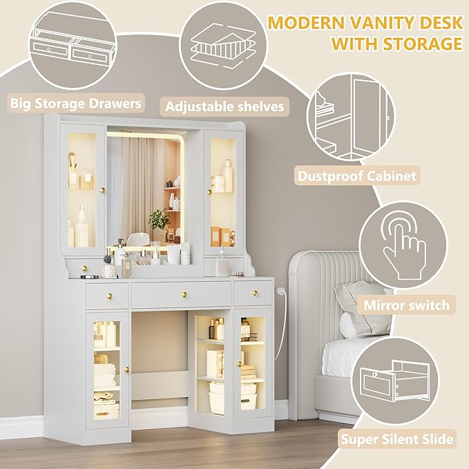 Vanity Desk with Mirror and Lights, White Makeup Vanity Table with 3 Modes & Adjustable Brightness, Glass Cabinets, Drawers, Outlet, Modern Dressing Table for Bedroom, Girls, Women, Teens