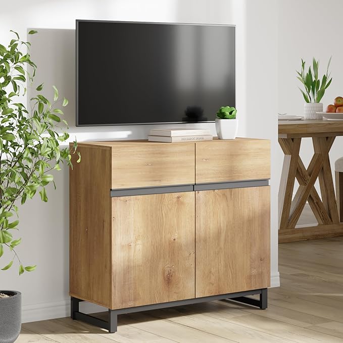 Wampat Modern TV Stand for 40 inch TVs, Entertainment Center Console with Adjustable Shelves and Metal Base for Living Room, Bedroom, Oak