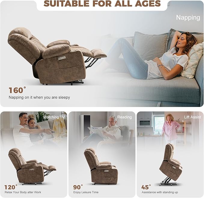 HUSFU Oversized Power Lift Recliner Chairs for Elderly with Massage and Heat, Extra Wide Recliners,Breathable Leather Lift Chairs w/Cup Holders, USB & Type-C Ports, Brown,1PC