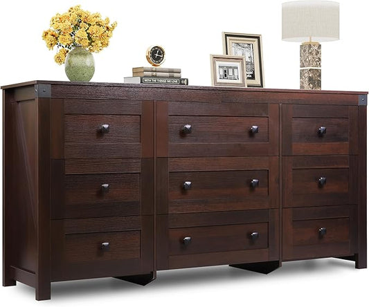 WLIVE Farmhouse Dresser for Bedroom, 63" Wide 9 Drawer Dresser Storage Organizer, Wood Chest of Drawers for Bedroom, TV Stand for 70 inch TV for Living Room, Hallway, Ball Bearing Slide (Brown)