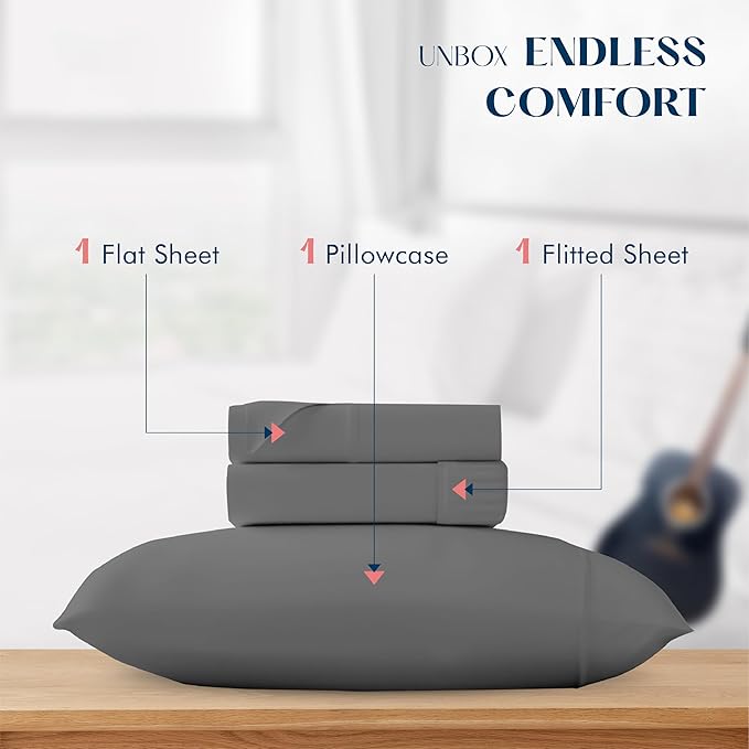 XOOX Linen 100% Cotton Twin Sheets Set - 500 Thread Count Cotton Sheets Twin Size, Extra Soft, Sateen Weave, Cooling Deep Pocket Bed Sheet for Dorm Room, Luxury Hotel Quality Bedding (3 PC, Dark Grey)