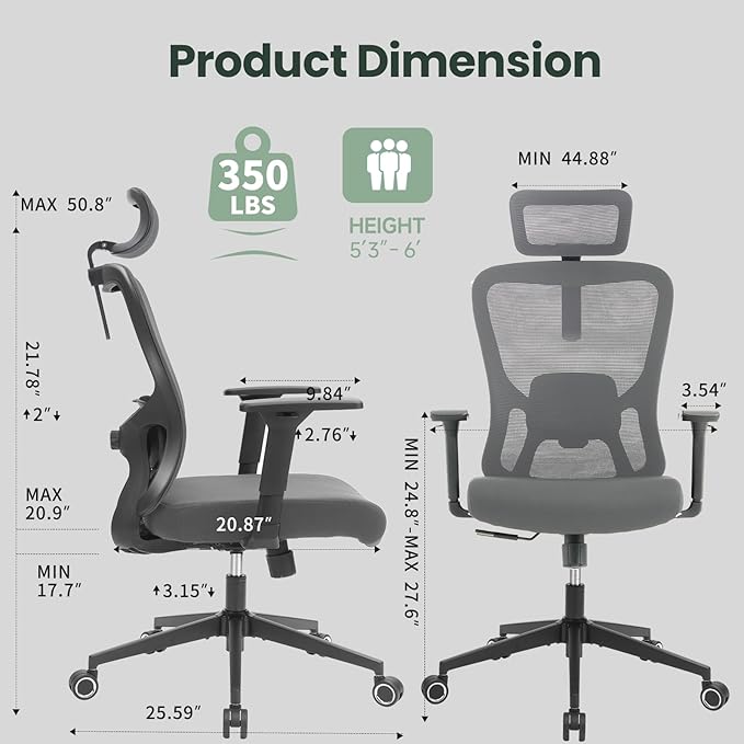 Ergonomic Office Chair - 350LB Mesh Office Chair with Adjustable Lumbar, High Back Computer Desk Chair with 3D Armrest, Comfy Chair with 2D Headrest & Tilt Function for Study, Work, Gaming