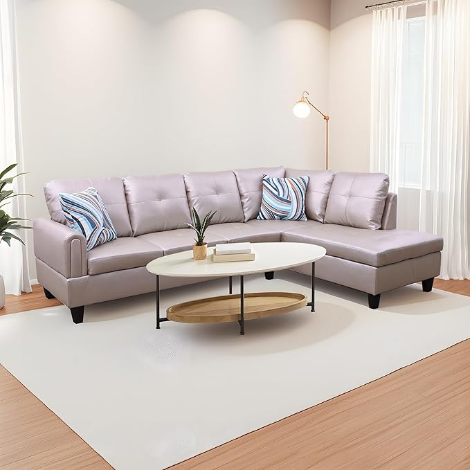 NicBex Sectional Couch 2 Pieces 66.5" L Sofa with Right Chaise Faux Leather L Shaped Cloud Couch for Living Room Furniture Sets with Cushion, Modular Sofa for Living Room & Small Apartment, Latte