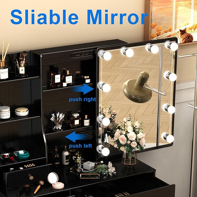 Vanity Desk with Sliding Mirror and Lights, Small Makeup Vanity Table Set with Chair and Drawers, Black Vanity with Lighted Mirror for Bedroom, Dressing Table for Teen Girls and Women