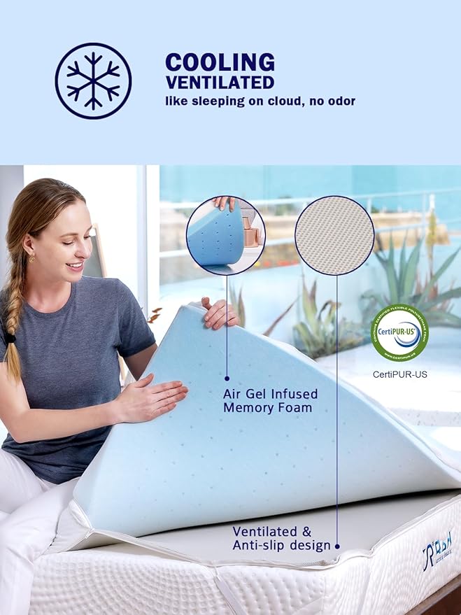 Memory Foam Mattress Topper - 2 Inch Gel Infused Memory Foam - Plush Feel - Cooling and Pressure Relieving - CertiPUR Certified - Dorm Room Essentials - Queen Size - 120-Night Free Trial