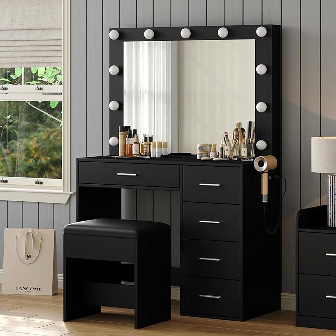 Vanity Desk with Power Outlet, 37''W Make Up Vanity with Lighting Mirror, 3 Lighting Modes Adjustable, 5 Drawers Dressing Table for Bedroom, Dressing Room, Live Broadcast Room, Black