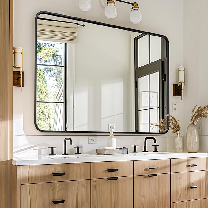 USHOWER Black Bathroom Mirror for Over Sink 30 x 40 Inch, Metal Frame Rectangle Vanity Mirror, Modern Farmhouse, Wall Mounted
