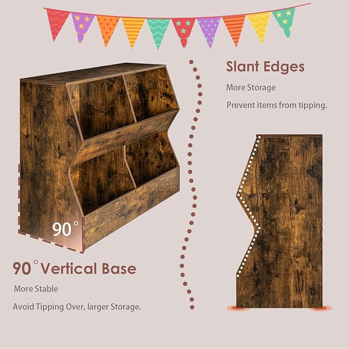 DINZI LVJ Kids Bookshelf, Toy Storage Organizer, Wooden Toy Storage Cabinet, 4 Cubby Children Bookcase, 39.4" L Toddler Book Shelf for Bedroom, Nursery, Hallway, School, Rustic Brown