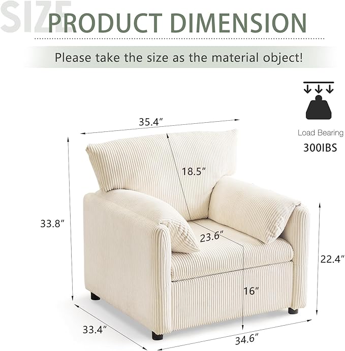 Corduroy Single Sofa Chair Modern Upholstered Accent Chair for Reading Comfy Living Room Chairs with Side Pocket Oversized Armchair for Bedroom, Office(Beige)