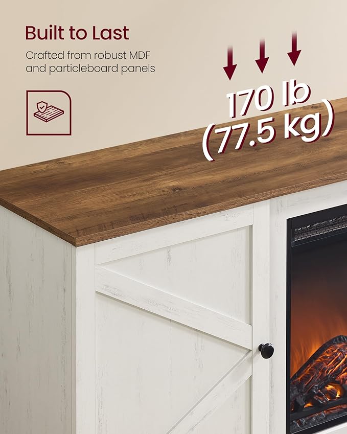 VASAGLE Fireplace TV Stand for TVs up to 80 Inches, 18-Inch ELectric Fireplace with Remote, Farmhouse Entertainment Center, Media Console Table for Living Room, Rustic White and Honey Brown ULTV541W01