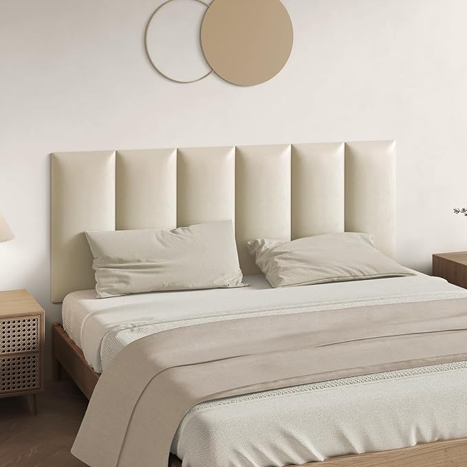 Beige Stick Headboard - 6-Piece Wall-Mounted Bed Backboard for Queen Size Beds, 24 x 12 Inches, Easy-to-Install Decorative Bed Head and Peel and Stick Queen Size Headboard for Bedroom Décor