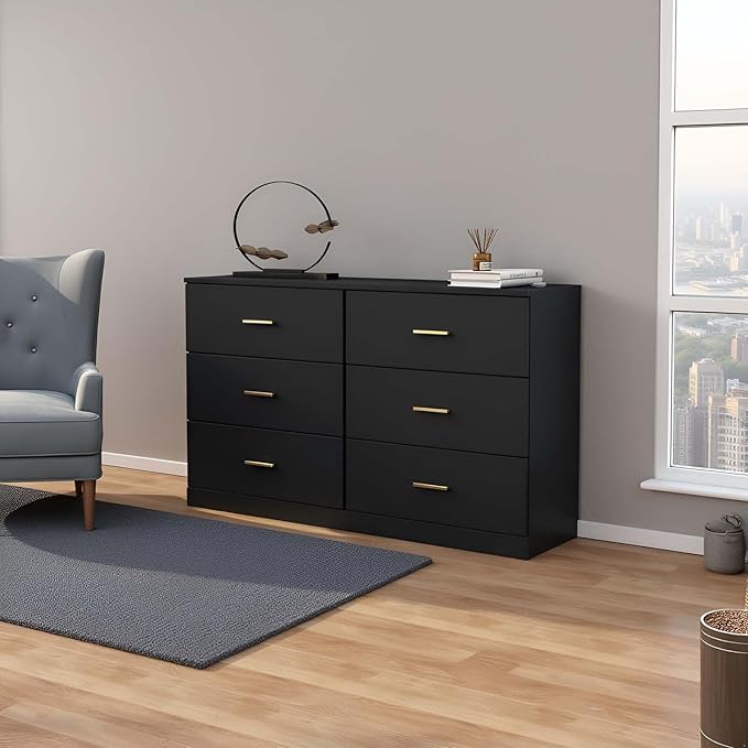 Modern 6 Drawer Dresser for Bedroom, Dresser Chest of Drawer with Large Drawers and Golden Handles, Wooden Dressers Drawer Storage Unit for Bedroom, Living Room or Closet (Black)