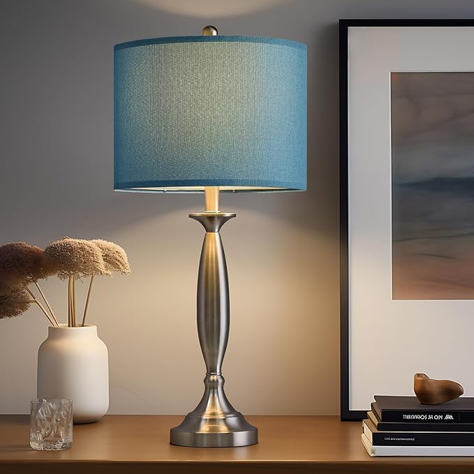 Oneach 27" Modern Table Lamps Set of 2 for Living Room Bedroom with USB A+C Charging Port,Brushed Steel Bedside Lamps for Night Stands,Fabric Drum Shade Nightstand Lamp Light for End Tables Home