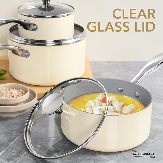 MICHELANGELO 3 Quart Saucepan with Lid - Non Toxic Sauce Pan with Nonstick Ceramic Coating, Scratch-Resistant, Induction Saucepan Suitable for All Stovetops, Beige