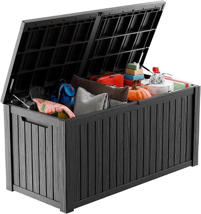 Vixzen 180 Gallon Resin Deck Box, Lockable Outdoor Storage Box for Patio Cushions Storage Furniture,Garden Tools, Pool Supplies, Weatherproof and UV Resistant- Black