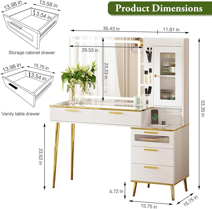 47.24" Big Modern Vanity Desk with Mirror and Lights,Makeup Vanity Desk with 5 Drawers and Storage Shelves & Power Outlet,Dressing Table with Glass Top, White