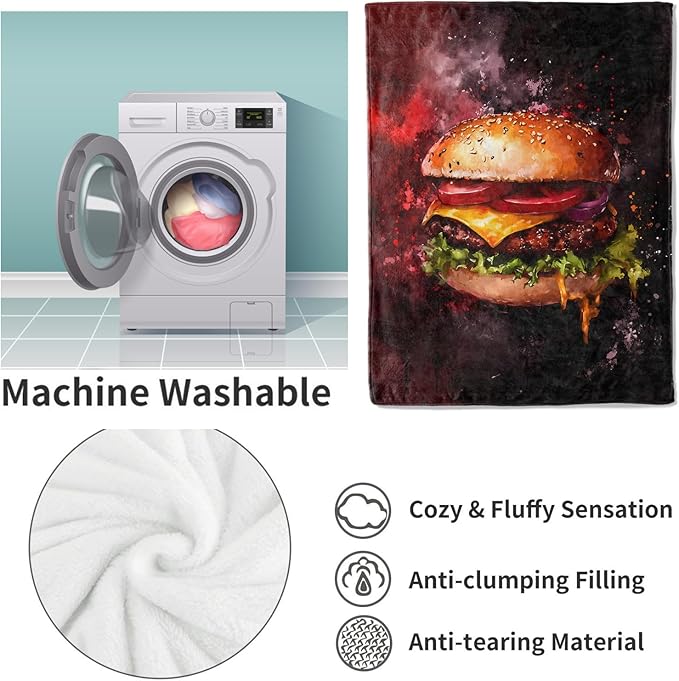 Juicy Cheeseburger Flannel Blanket, Hamburger Gifts, Food-Themed Blanket for Women, Soft Lightweight Throw Blankets for Bed Home Travel Decor 60" x 80"