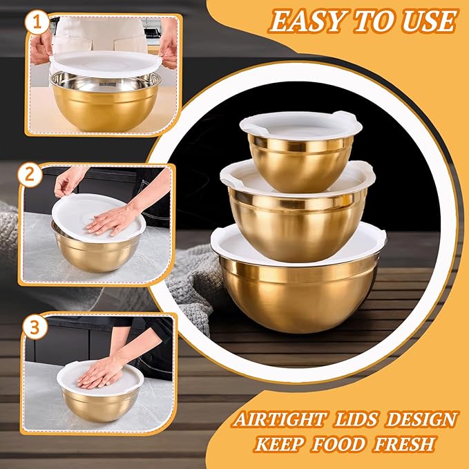 7 Pack Gold Mixing Bowls Set with 5 PCS Kitchen Accessories, Stainless Steel Nesting Mixing Bowls with Airtight Lids, Baking, Prepping and Serving Food, Stackable Size 7,3.6,2.7,2.1,1.5,1.1,0.8QT