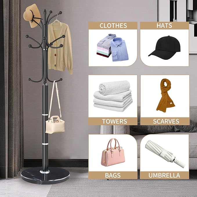 Metal Coat Rack Stand, Modern Freestanding Coat Rack with Natural Marble Base, Coat Racks and Coat Hall Tree Hanger Stand for Entryway, Hallway, Office (12 HOOKS)