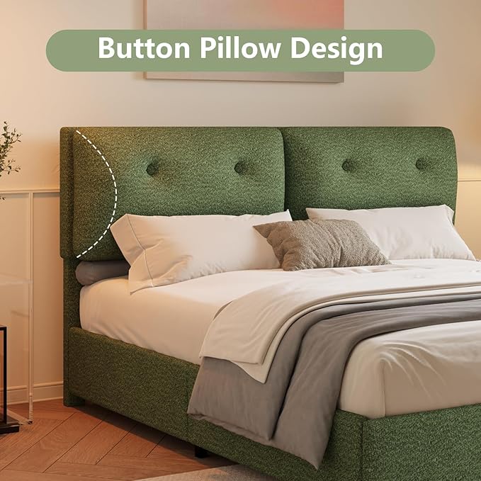 King Bed Frames,Breathable Boucle Fabric Upholstered Bed Frame with Headboard,Removable and Washable,Wood Slat Support,No Box Spring Needed,Easy Assembly,Green