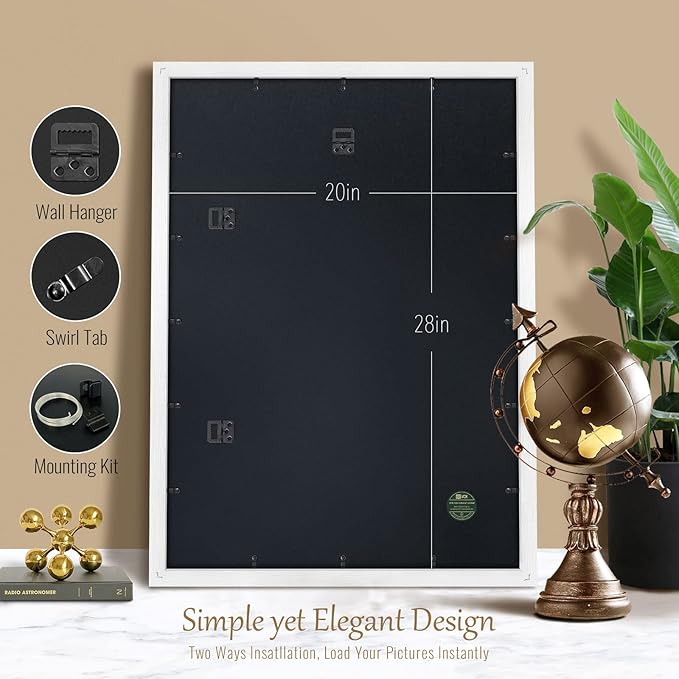 VCK 20x28 Poster Frame White, Textured Exclusive Solid Wood Picture Frames, Wall Hanging