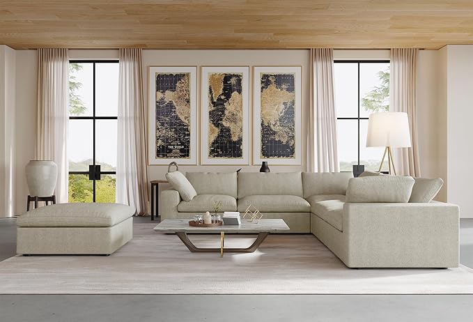 JACH V Shape Couch Sectional for Living Room, Deep 5-Seats Modular Convertible Sofa, Couch Cushion Covers Removable, Cloud Sofas with Chaise Ottoman for Living Room, Apartment (Khaki)