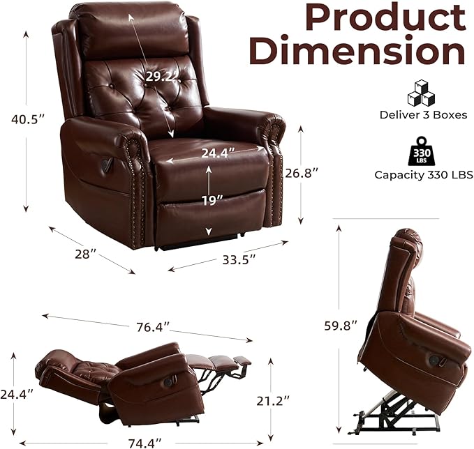 Power Lift Recliner Chair for Elderly with Adjustable Headrest,Electric Lift Chair with Massage and Heat, Lay Flat Recliner for Big and Tall,Brown