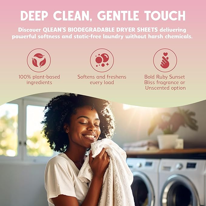 QLEAN Dryer Sheets | Natural Fabric Softener & Removes Static Cling | Vegan Laundry Softener | Soft, Fresh Laundry, Perfect for Clothes and Beddings - 120 Loads (Ruby Sunset Bliss)