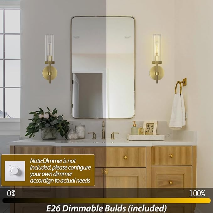 Knurled Brass Wall Sconces Indoors, Glass Tube Sconces Wall Lighting 14", Gold Bathroom Vanity Wall Sconces, Wall Lights For Living Room Bedroom Hallway Kitchen Bathroom Mirror(Including Bulb)