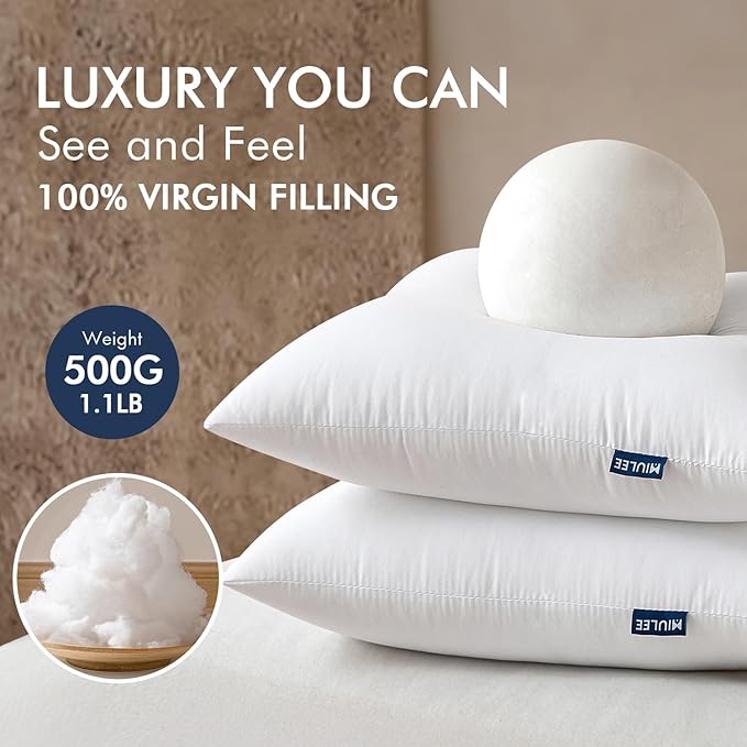 MIULEE Throw Pillows Inserts, Pack of 2 16x24 Inch 100% Virgin Fiber Filling Bed Couch Pillows