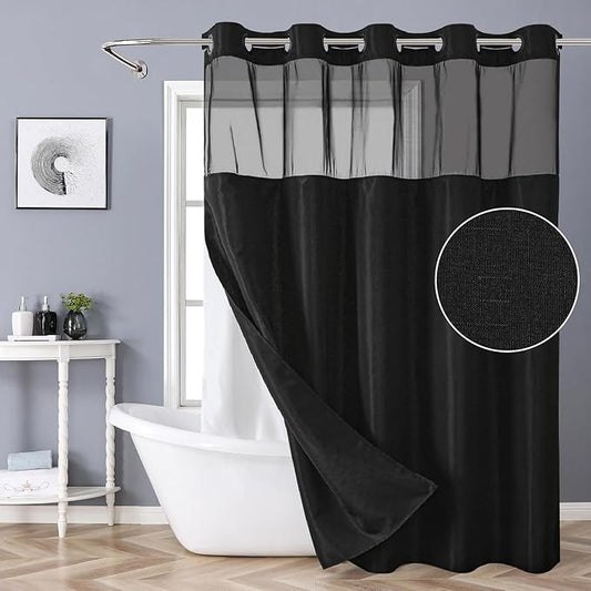 Black No Hook Shower Curtain with Snap-in Fabric Liner Set,Slub Textured Fabric Shower Curtains for Bathroom,Hotel Style Modern Shower Curtain,Water Repellent & Washable,71x77(75)