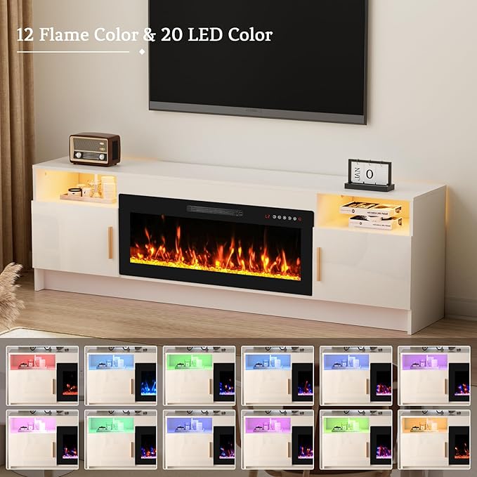 70'' TV Stand with Fireplace-White Entertainment Center for 75+ inch TV- TV Cabinet with LED Light, Storage, High Glossy Door, Modern TV Console for Living Room
