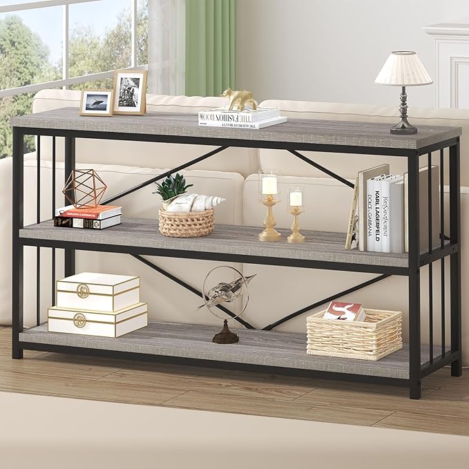 HSH Low Bookshelf, Wood Metal 3 Tier Long Horizontal Bookcase, Large Open Etagere Bookshelves with Storage for Bedroom, Farmhouse Wide Book Shelf for Home Office Living Room, Light Grey Oak, 70 Inch