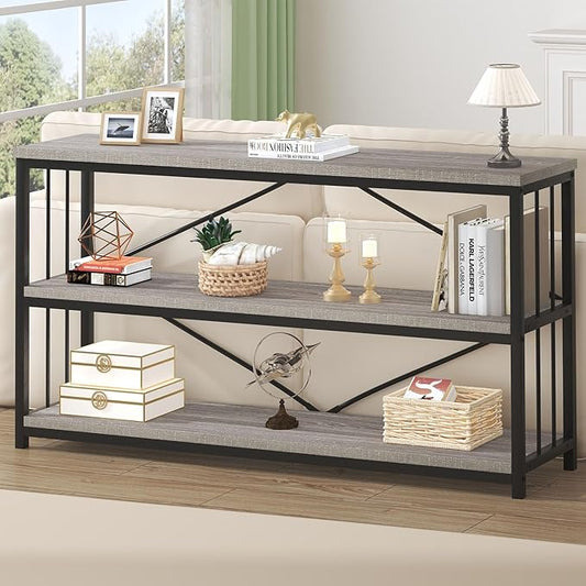 HSH Low Bookshelf, Wood Metal 3 Tier Long Horizontal Bookcase, Large Open Etagere Bookshelves with Storage for Bedroom, Farmhouse Wide Book Shelf for Home Office Living Room, Light Grey Oak, 70 Inch