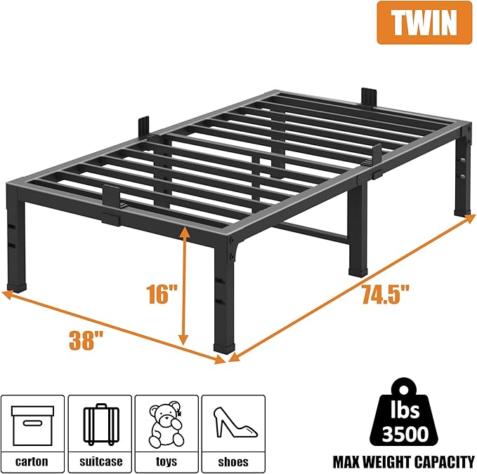 FUIOBYVV Twin Bed Frames, 16 Inch Heavy Duty Metal Platform Bed Frame Twin Size Support Up to 3500 lbs, No Box Spring Needed/No Shaking/Steel Slat Support/Noise Free/Easy Assembly