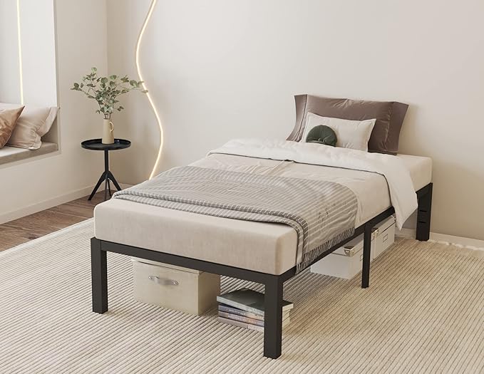 ROIL 14 inch Twin Size Bed Frames with Wide Wood Slats - 3500lbs Heavy Duty No Box Spring Needed Platform, Mattress Stoppers Single Metal Noise Free, Headboard Hole Underneath Storage