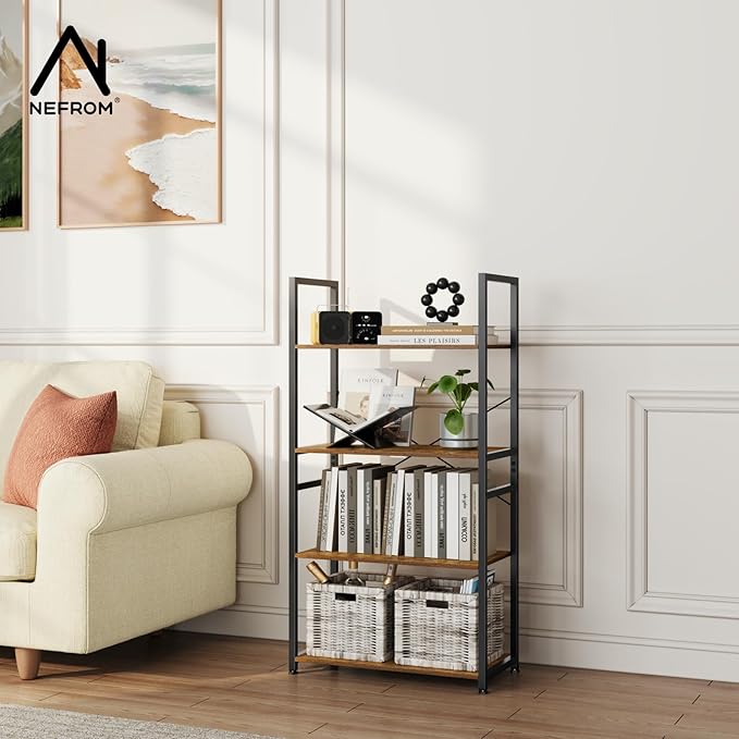 Book Shelf, Adjustable 4-Tier Tall Bookshelf, Wooden Bookcase Shelves for Bedroom, Living Room, Display Shelf for Home, Office, Kitchen, Standing Shelving Unit Storage Organizer BC-BR-4